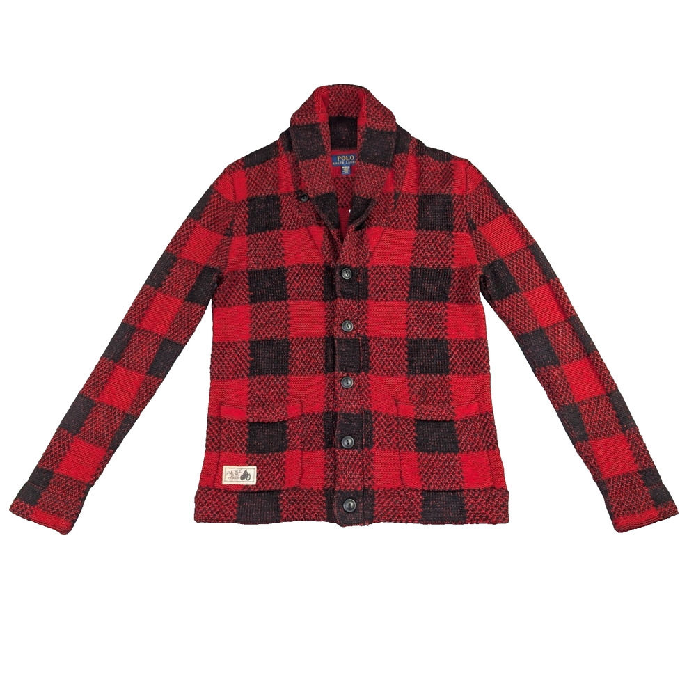 Polo Ralph Lauren Boys Shawl Cardigan Medium Buffalo Check Wool Red Black Preppy